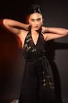 Shop Kyra By Nina + Deepika Black Modal Embroidery V-neck Hand Painted Dragon Fly Jumpsuit With Belt Online at Aza Fashions Shop_Kyra By Nina + Deepika_Black Modal Embroidery V-neck Hand Painted Dragon Fly Jumpsuit With Belt _Online_at_Aza_Fashions