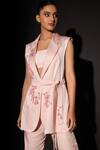 Kyra By Nina + Deepika Pink Modal, Satin Collared Sakura Desire Hand Painted Waistcoat And Pant Set Online at Aza Fashions Kyra By Nina + Deepika_Pink Modal, Satin Collared Sakura Desire Hand Painted Waistcoat And Pant Set _Online_at_Aza_Fashions