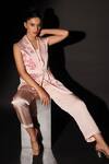 Shop Kyra By Nina + Deepika Pink Modal, Satin Collared Sakura Desire Hand Painted Waistcoat And Pant Set Online at Aza Fashions Shop_Kyra By Nina + Deepika_Pink Modal, Satin Collared Sakura Desire Hand Painted Waistcoat And Pant Set _Online_at_Aza_Fashions