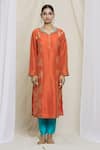 Khwaab by Sanjana Lakhani_Orange Kurta Art Jacquard Silk Woven Floral Notched Set _Online_at_Aza_Fashions