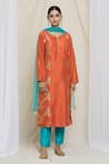 Khwaab by Sanjana Lakhani_Orange Kurta Art Jacquard Silk Woven Floral Notched Set _at_Aza_Fashions