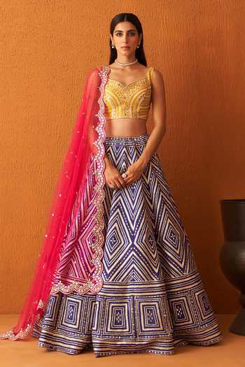 Buy_ANGAD SINGH_Purple Silk, Crepe Gota Patti, Mirrors Boat Neck Embroidered Lehenga Set _at_Aza_Fashions