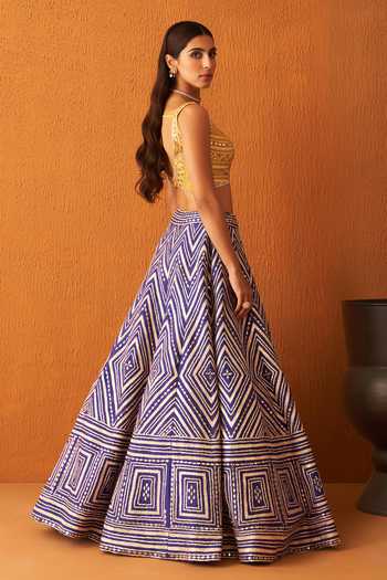 Shop_ANGAD SINGH_Purple Silk, Crepe Gota Patti, Mirrors Boat Neck Embroidered Lehenga Set _at_Aza_Fashions