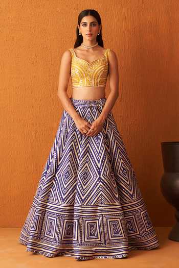 ANGAD SINGH_Purple Silk, Crepe Gota Patti, Mirrors Boat Neck Embroidered Lehenga Set _Online_at_Aza_Fashions