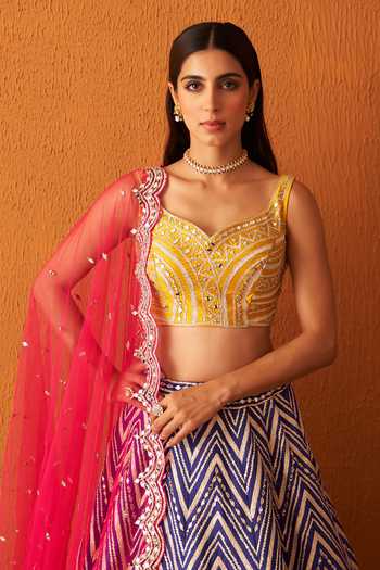 Shop_ANGAD SINGH_Purple Silk, Crepe Gota Patti, Mirrors Boat Neck Embroidered Lehenga Set _Online_at_Aza_Fashions