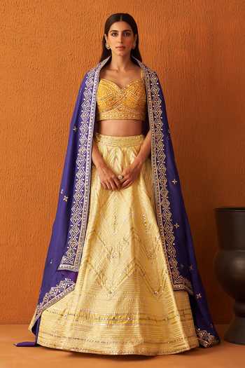 Buy_ANGAD SINGH_Yellow Silk, Crepe Gota Patti, Sequins, Chevron Pattern Embroidered Lehenga Set _at_Aza_Fashions