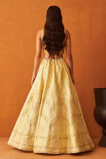 Shop_ANGAD SINGH_Yellow Silk, Crepe Gota Patti, Sequins, Chevron Pattern Embroidered Lehenga Set _at_Aza_Fashions
