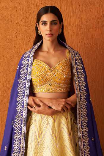 ANGAD SINGH_Yellow Silk, Crepe Gota Patti, Sequins, Chevron Pattern Embroidered Lehenga Set _Online_at_Aza_Fashions