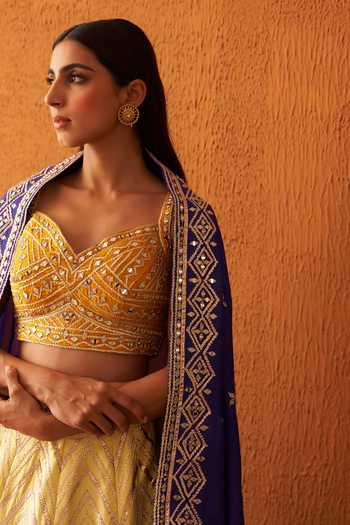 Buy_ANGAD SINGH_Yellow Silk, Crepe Gota Patti, Sequins, Chevron Pattern Embroidered Lehenga Set _Online_at_Aza_Fashions