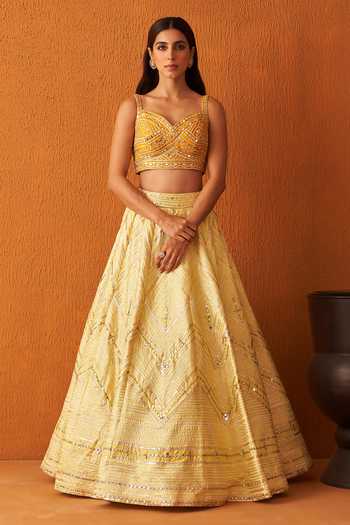 Shop_ANGAD SINGH_Yellow Silk, Crepe Gota Patti, Sequins, Chevron Pattern Embroidered Lehenga Set _Online_at_Aza_Fashions