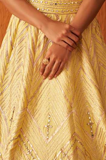 ANGAD SINGH_Yellow Silk, Crepe Gota Patti, Sequins, Chevron Pattern Embroidered Lehenga Set _at_Aza_Fashions