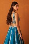 Buy_Angad Singh_Blue Silk, Crepe Mirrors, Sequins, Zari Round Neck And Embroidered Lehenga Set 