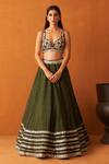 Angad Singh_Green Silk, Crepe Mirrors, Sequins, Embroidery Plunge Neck, And Zari Lehenga Set _at_Aza_Fashions