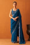 Buy_Angad Singh_Blue Embroidered Thread And Mirror Work Square Neck Saree & Blouse Set _at_Aza_Fashions