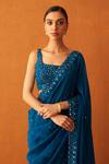 Angad Singh_Blue Embroidered Thread And Mirror Work Square Neck Saree & Blouse Set _at_Aza_Fashions