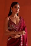 Angad Singh_Maroon Embroidered Thread And Mirror Work Plunge V Saree & Blouse Set _Online_at_Aza_Fashions