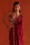 Shop_Angad Singh_Maroon Embroidered Thread And Mirror Work Plunge V Saree & Blouse Set _Online_at_Aza_Fashions