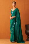 Buy_Angad Singh_Green Embroidered Thread And Mirror Work Plunge V Saree & Blouse Set_at_Aza_Fashions