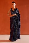 Buy_Angad Singh_Blue Georgette Embroidery Crystal Plunge V Neck Sequin Saree With Blouse _at_Aza_Fashions