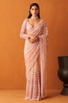 Buy_Angad Singh_Pink Net Embroidery Pearl Leaf Neck Saree With Blouse _at_Aza_Fashions