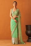 Buy_Angad Singh_Green Net Embroidery Bugle Bead Sweetheart Neck Saree With Blouse _at_Aza_Fashions