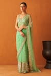 Angad Singh_Green Net Embroidery Bugle Bead Sweetheart Neck Saree With Blouse _Online_at_Aza_Fashions