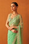 Shop_Angad Singh_Green Net Embroidery Bugle Bead Sweetheart Neck Saree With Blouse _Online_at_Aza_Fashions