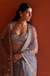 Shop_Angad Singh_Grey Net Embroidery Cutdana Sweetheart Neck Saree With Blouse_Online_at_Aza_Fashions