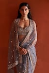 Angad Singh_Grey Net Embroidery Cutdana Sweetheart Neck Saree With Blouse_at_Aza_Fashions