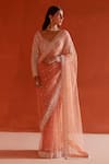 Angad Singh_Orange Net Embroidery Sequin Leaf Neck Pearl Saree With Blouse _Online_at_Aza_Fashions