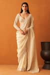 Buy_Angad Singh_Gold Tissue Embroidery Sequin V Neck Border Saree With Blouse_at_Aza_Fashions