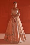 Buy_Angad Singh_Peach Raw Silk Embroidery Mirror Scoop Neck Chevron Pattern Bridal Lehenga Set _at_Aza_Fashions