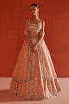 Buy_Angad Singh_Peach Raw Silk Embroidery Mirror Scoop Neck Chevron Pattern Bridal Lehenga Set _Online_at_Aza_Fashions