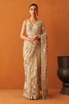 Buy_Angad Singh_Gold Net Embroidery Leather Floral Applique Mirror Border Saree With Blouse _at_Aza_Fashions