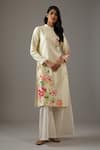 Buy_Balance by Rohit Bal_Ivory Chanderi Silk Printed Floral Mandarin Collar Tunic And Palazzo Set  _at_Aza_Fashions