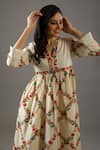 Buy_Balance By Rohit Bal_Ivory Chanderi Silk, Cotton V-neck Flower Print Dress _Online_at_Aza_Fashions