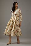 Shop_Balance By Rohit Bal_Ivory Chanderi Silk, Cotton V-neck Flower Print Dress _Online_at_Aza_Fashions
