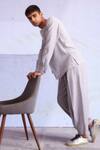 Dash and Dot_Grey 100% Linen Solid Asymmetric Shirt With Pant  _Online