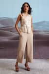 Dash And Dot_Beige Polyester, Viscose, Spandex Embroidery Floral Waistcoat And Pant Set_Online_at_Aza_Fashions