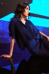 Shop_Dash and Dot_Blue 100% Polyester Plain Spread Pleated Boxy Shirt And Wrap Skirt Set  