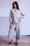 Shop_Dash And Dot_Blue Cotton, Viscose Embroidery Collared Scallop Border Top And Culottes Set_Online_at_Aza_Fashions