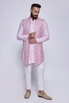 Buy_Arjuun Kilachand_Pink Linen, Silk Embroidery Chevron Resham Bundi And Kurta Set _at_Aza_Fashions