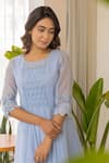 Shop_Khamaj India_Blue Chanderi, Cotton Embroidery Round Neck Melodia Kurta With Frilled Inner _Online_at_Aza_Fashions