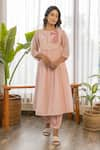 Khamaj India_Peach Cotton Applique Hand Embroidered Thread Carissa Yoke Kurta And Palazzo Set _Online_at_Aza_Fashions