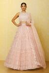 Buy_Shlok Design_Peach Organza Embroidered Aari Halter Neck Bridal Lehenga Set_at_Aza_Fashions