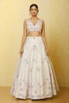 Shlok Design_White Dupion Silk Embroidered Sequin V Neck Floral Lehenga Set _Online_at_Aza_Fashions