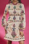 Buy_Surily G_Beige Mashroom Satin Embroidery Peacock Round Feather Motif Dress  _Online_at_Aza_Fashions