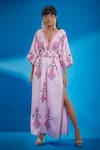 Buy_Surily G_Pink Mashroom Satin Embroidery Peacock Feather Motif Kaftan With Belt  _at_Aza_Fashions