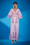 Shop_Surily G_Pink Mashroom Satin Embroidery Peacock Feather Motif Kaftan With Belt  _at_Aza_Fashions