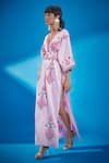 Surily G_Pink Mashroom Satin Embroidery Peacock Feather Motif Kaftan With Belt  _Online_at_Aza_Fashions